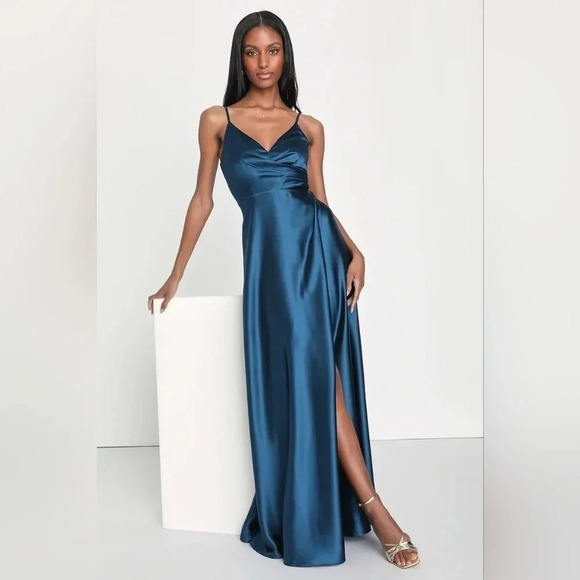 Lulus Shades of Love Teal Blue Satin Faux-Wrap Maxi Dress Wedding Party Prom - Picture 4 of 12